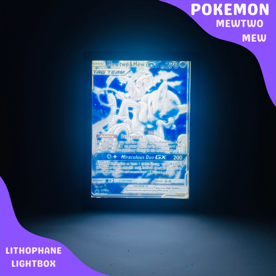 Mewtwo Mew Tag Team Art Pokémon Lithophane Light Box – Unique 3D Printed Night Light Gift for Pokémon Fans & Collectors - PokePrinting